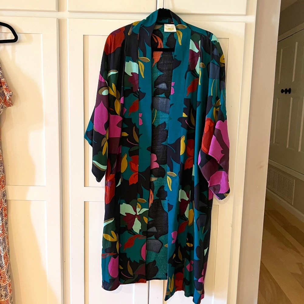 Colorful Floral Print Open-Front Kimono Jacket - Teal Multi